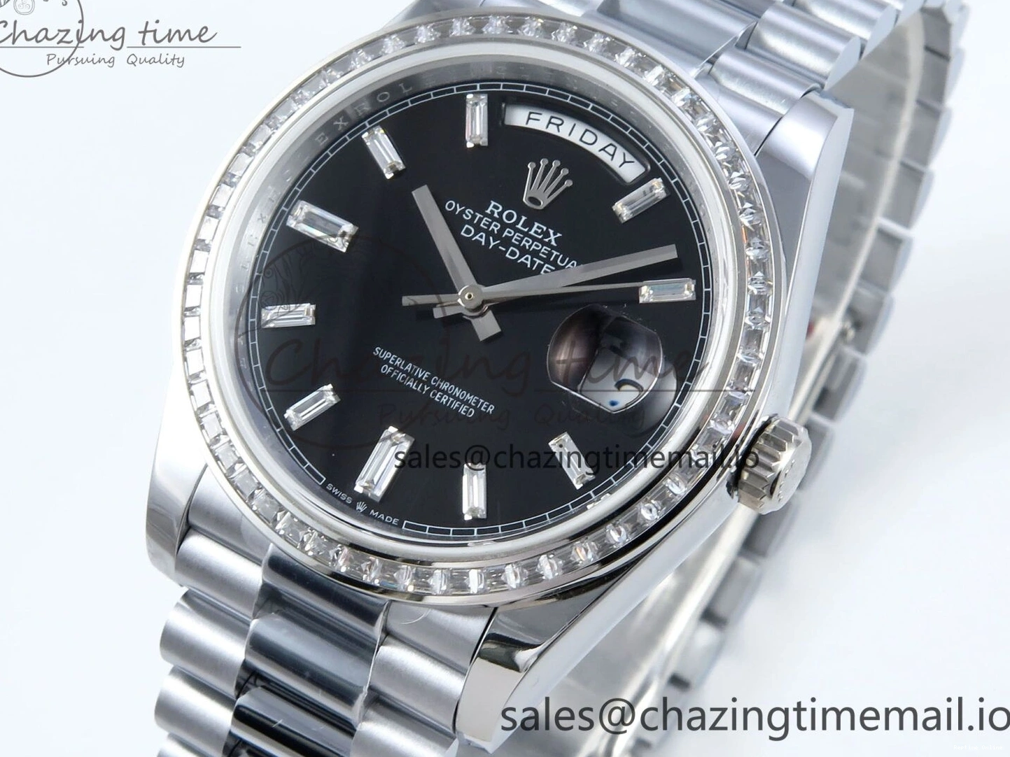 1221 Soft DayDate 40 SS QF 1:1 Best Edition Black Crystal Dial Diamonds Bezel on President Bracelet A2836 V5 (Gain Weight) 477